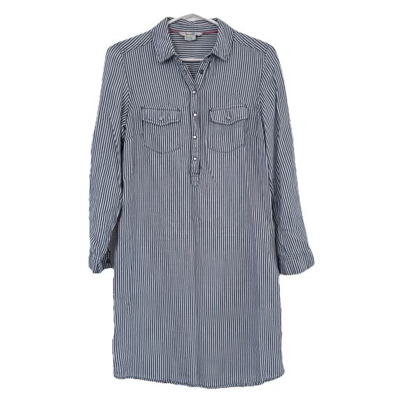 Boden Dresses & Skirts - Boden Blue Striped Linen and Tencel Lyocell Pearl Snap Dress Sz 4